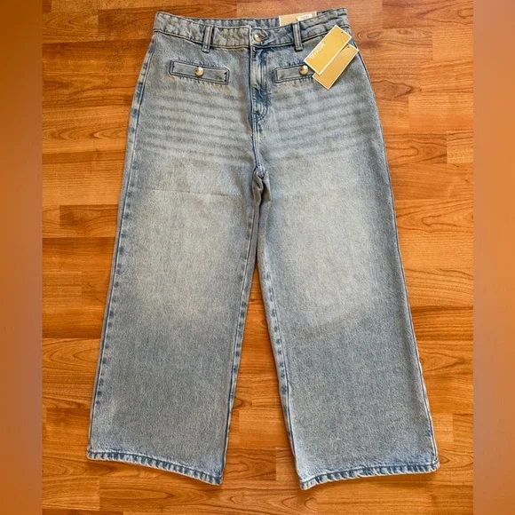 Michael Kors Women Sz 6 Blue Selma Crop Wide Leg Denim Jeans Pant Cotton Lyocell - Picture 2 of 14